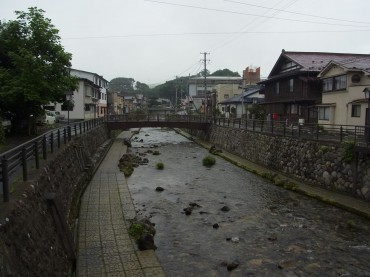 上の写真と同じ川。岩泉町の中を流れる清水です。