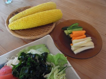 お昼は、大好きなトウモロコシと、サラダ冷やしうどんとピクルス！定番ですね＾＾